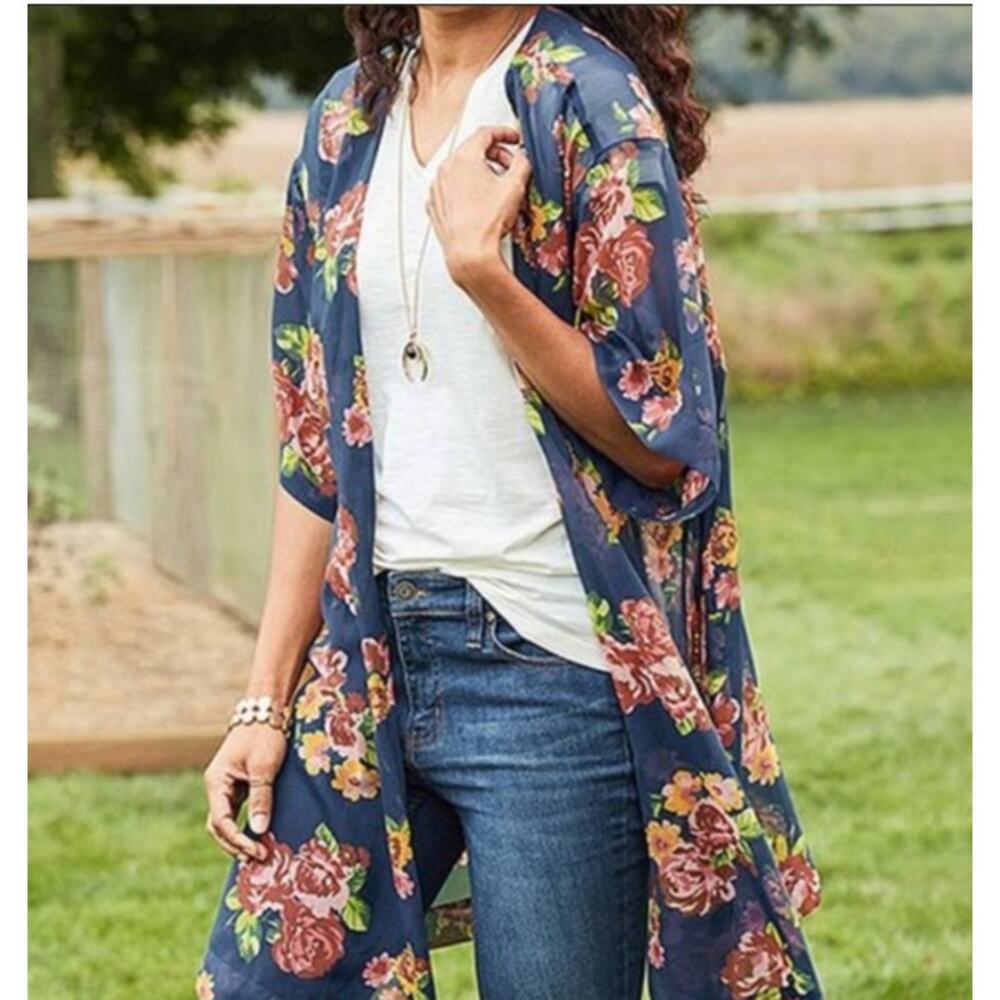 Matilda Jane Cardigan Women Size XL/XXL Floral Sheer Open Front Kimono Blue Boho